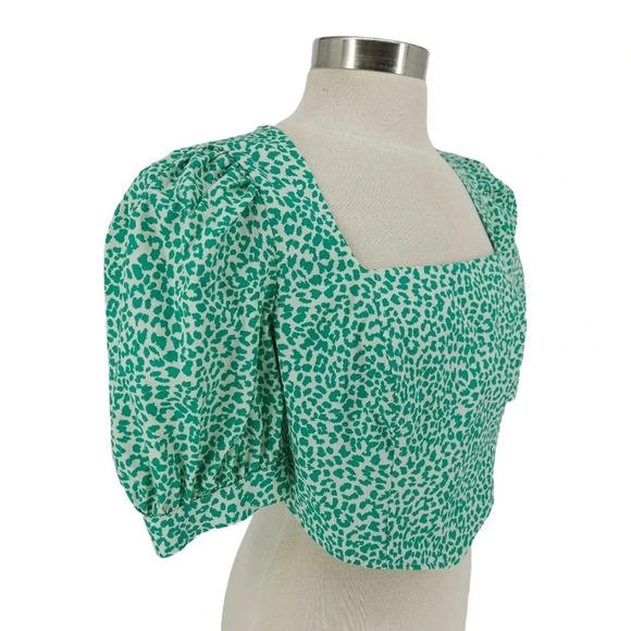 TopShop Blouse Green Leopard Puff Short Sleeve Cropped Top Shirt - Picture 4 of 11